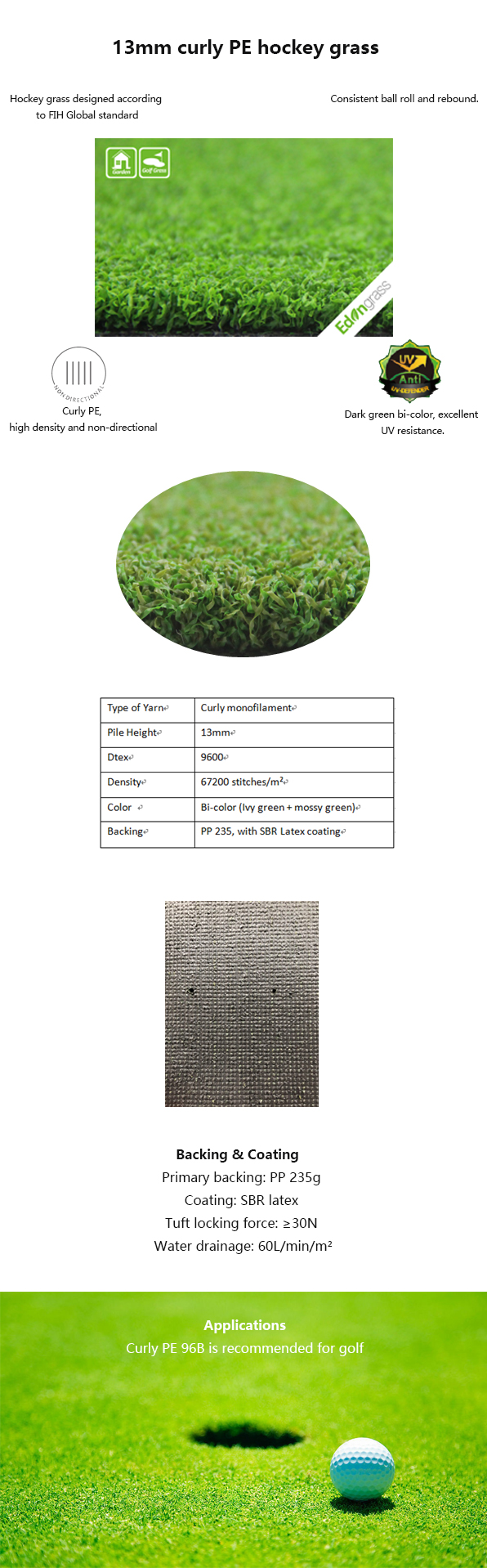 Гольфа лужайки установки зеленая высота травы 13m синтетического искусственная износоустойчивая 0
